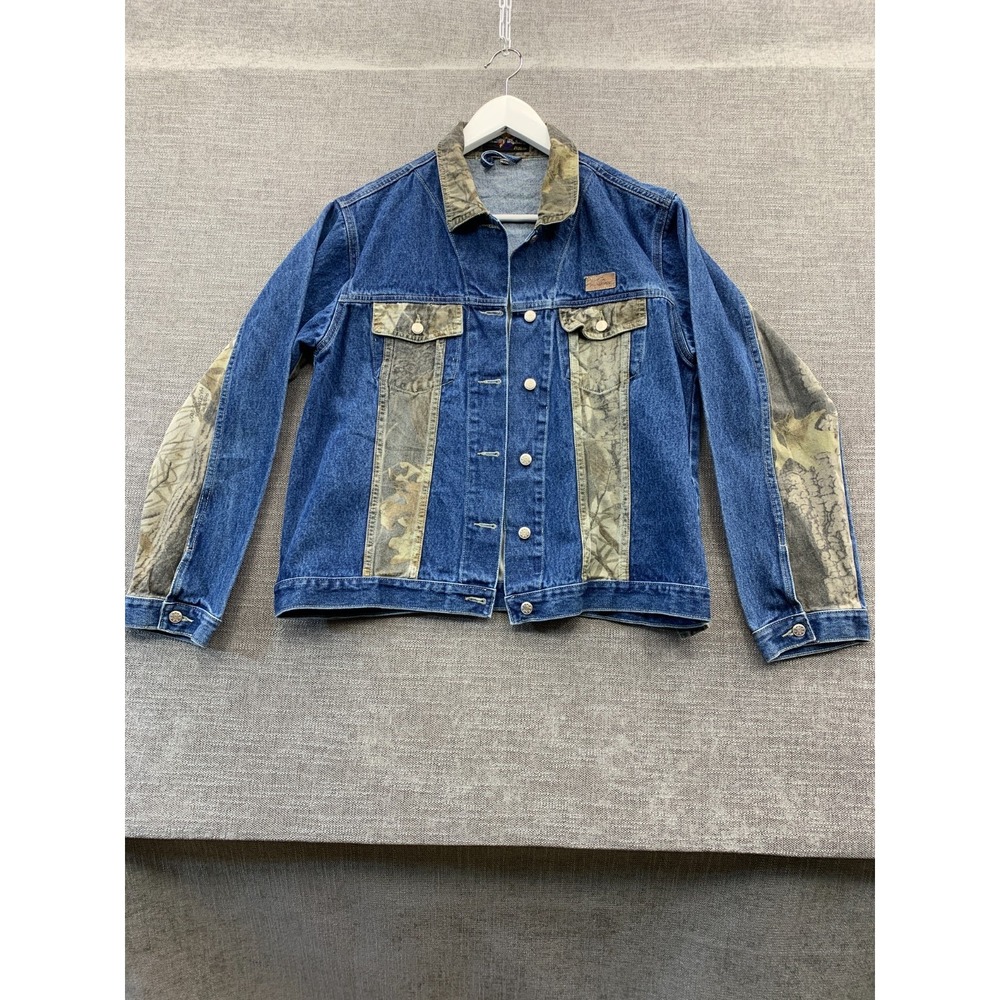 Janet Blase Trucker Jacket Womens L Blue Green Teamโ Realtree Camo Denim Cotton